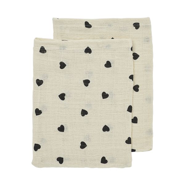 Meyco Baby Washandjes - Sweet Heart - 2-pack - Soft Sand/Black - 20x17 cm