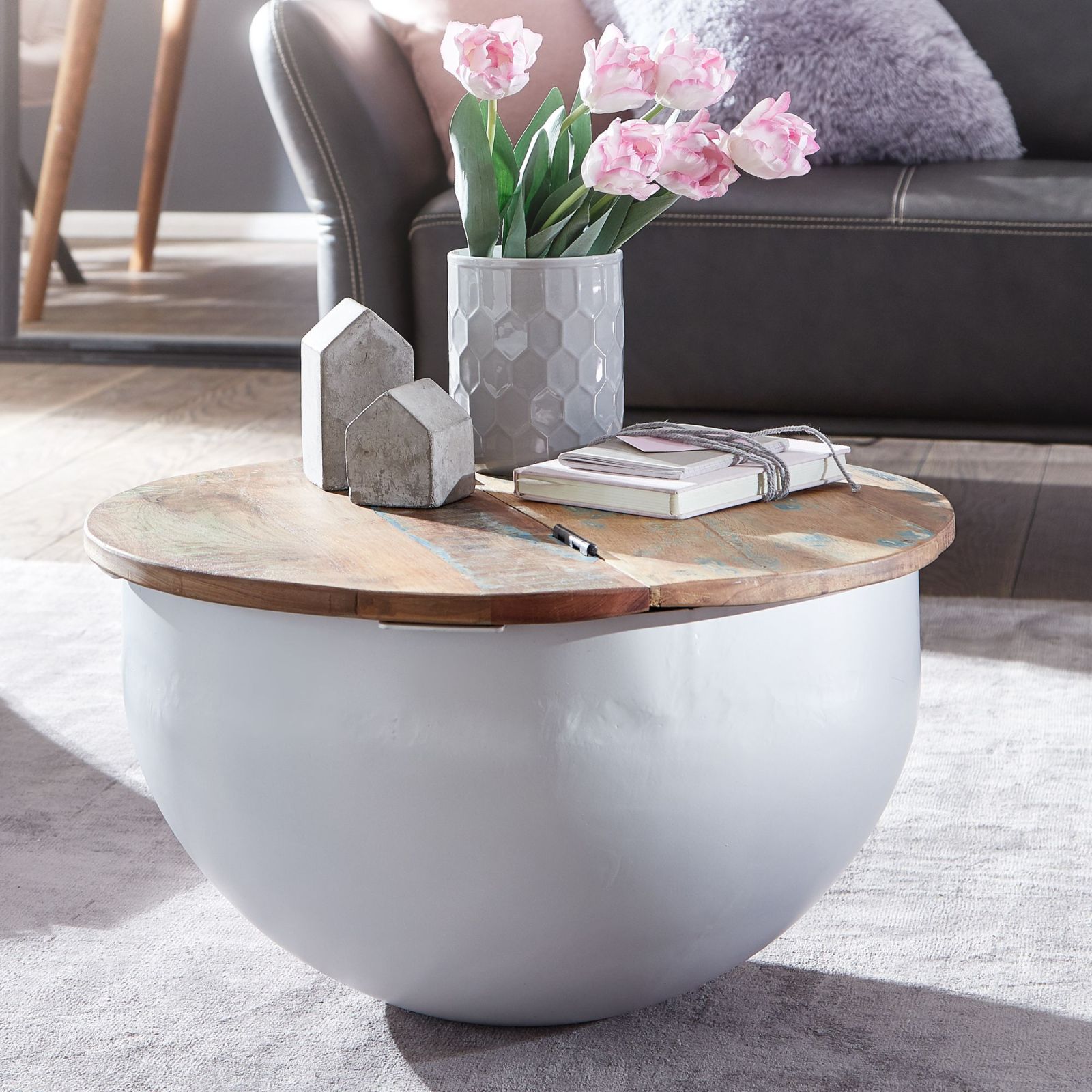 Couchtisch - weiß-holzfarben - Mango massiv - Ø 60 cm