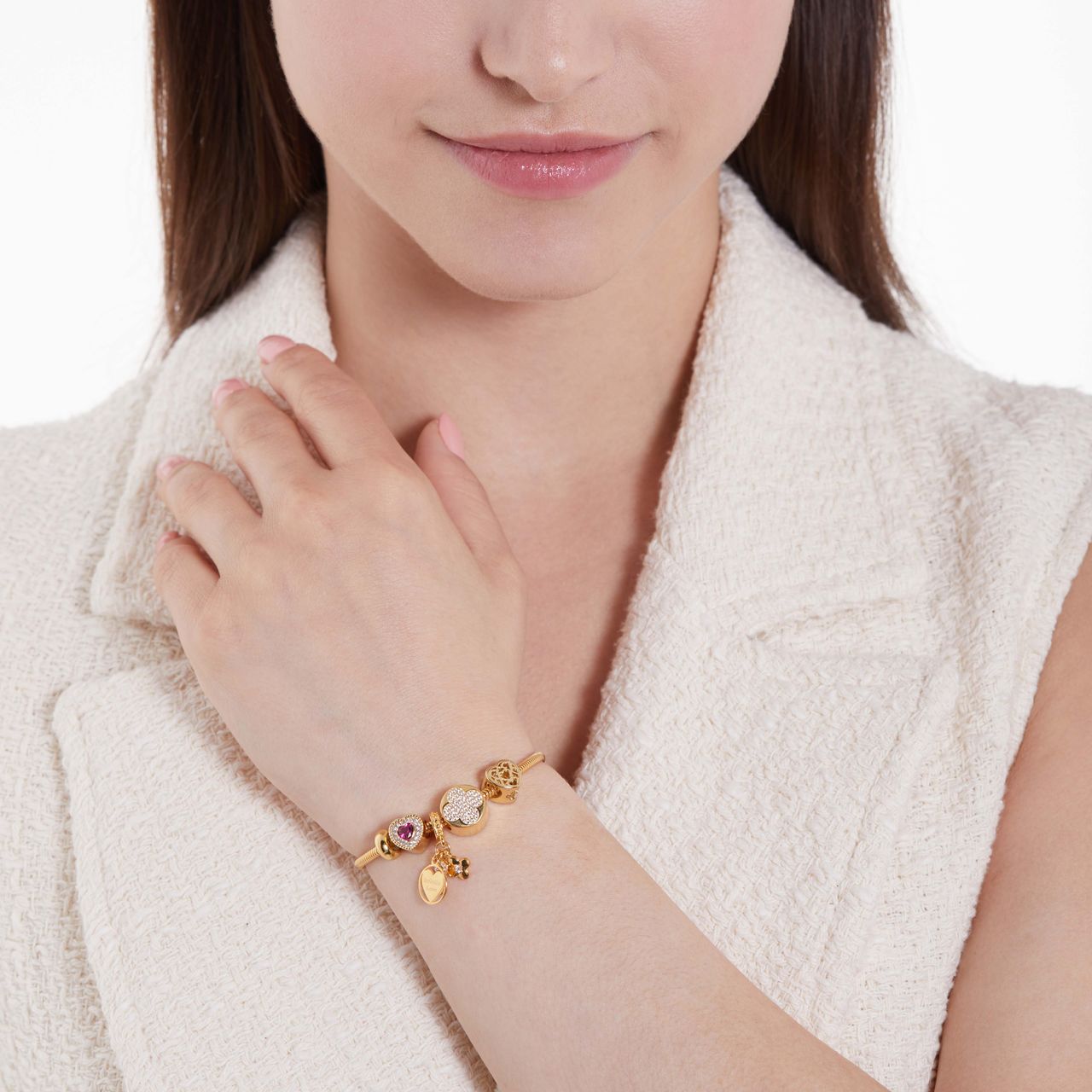 Zilveren goldplated bedel hart, infinity en bloem