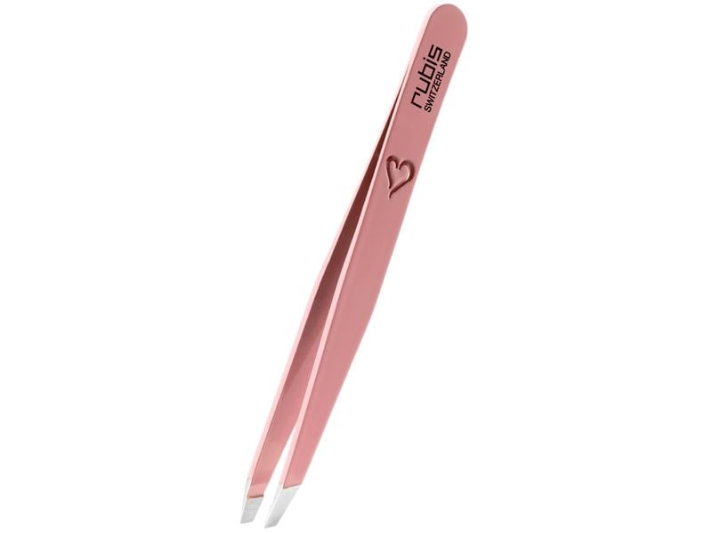 Rubis Pinzette schräg, Inox, rosa mit Herz Pinzette mit abgeschrägter Slant Spitze