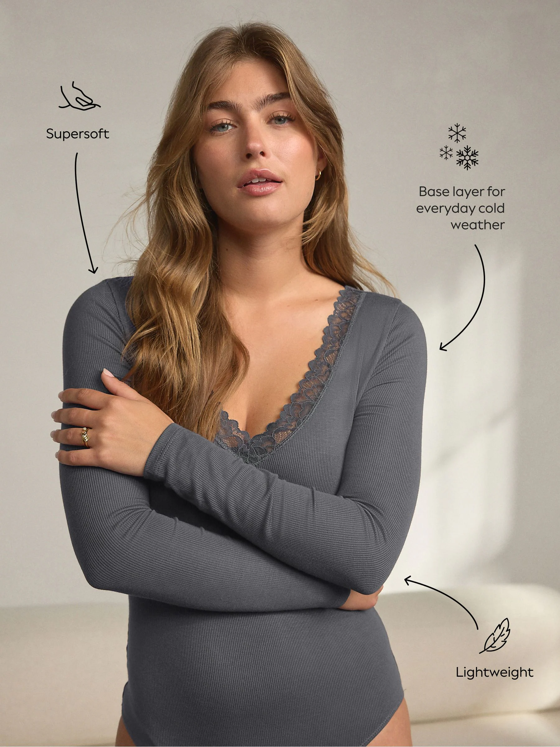 Antraciet - Thermische Base Layer Bodysuit met kanten afwerking