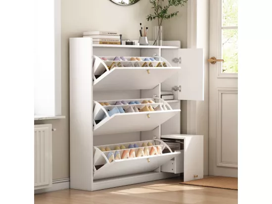 Meuble à chaussures multifonction 119x24x122cm - avec 3 tiroirs rabattables - avec banc rabattable - avec une porte - blanc