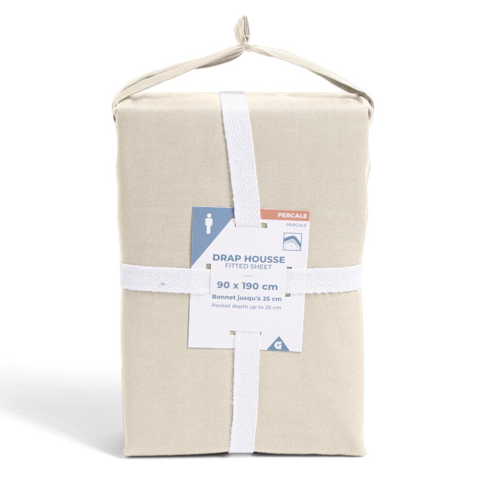 Drap housse 90x190cm 100% coton percale beige