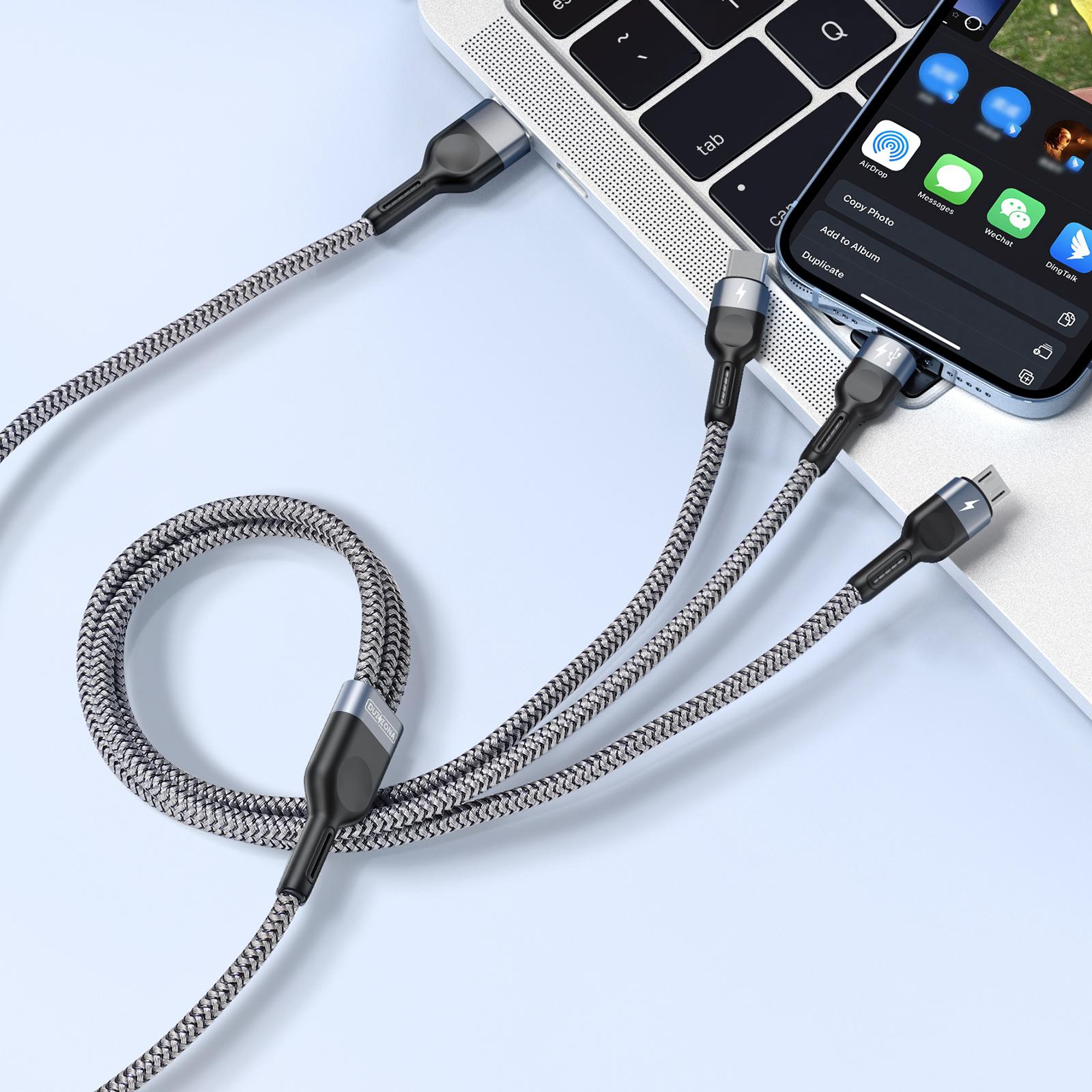 (1.3m) 3.5 A 3in1 USB A auf Lightning / Micro USB / USB C Nylon Ladekabel - Grau / Schwarz