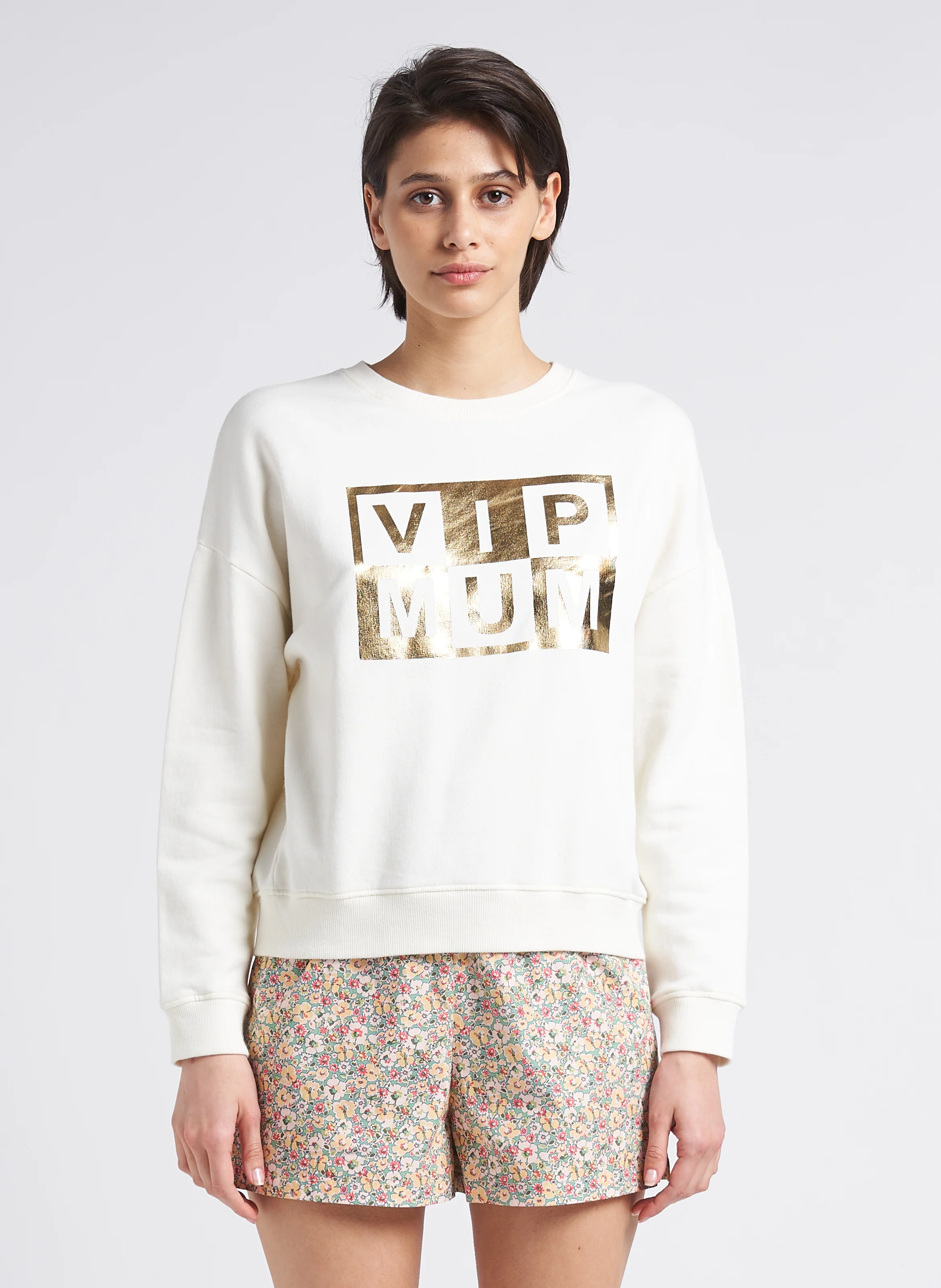 Sweat col rond sérigraphié en coton | Beige