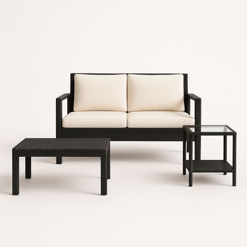 Gartenmöbel Set aus Rattan mit Sofa und Glastischen in Creme/Schwarz