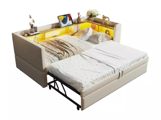 Lit gigogne extensible 90/180×190 équipé de lampes LED de prises de courant et de nombreux compartiments de rangement lit rembourré beige