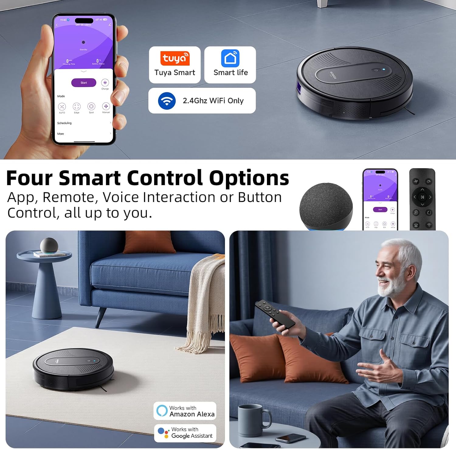 MONSGA Saugroboter mit Wischfunktion 4000PA, Saug und Wischroboter 3 in 1 mit 2 Bürsten,140Min Laufzeit, Staubsauger Roboter mit Auto-Teppich-Boost für Tierhaare Teppich Böden, APP Steuerung