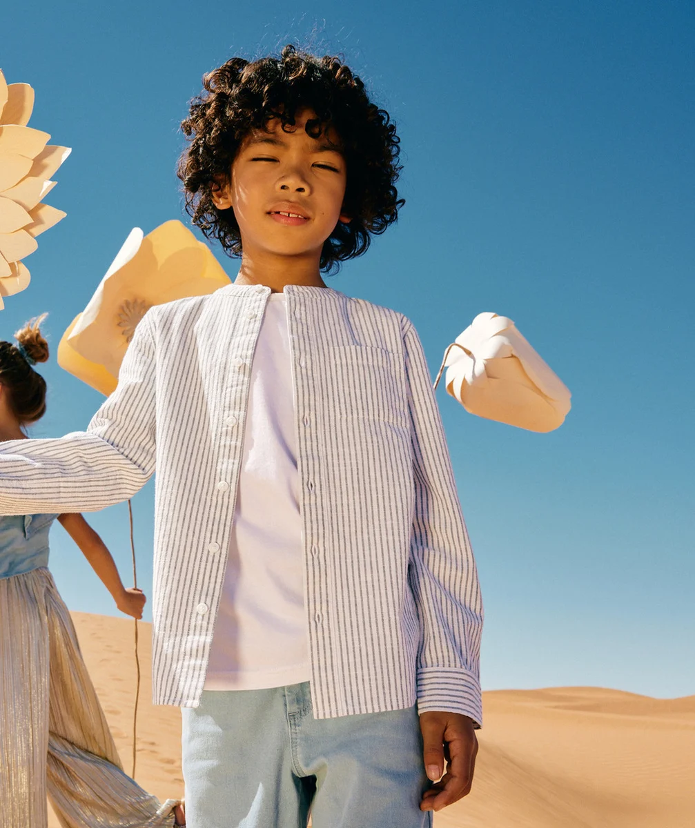 CHEMISE BLANCHE RAYÉE COL MAO GARÇON EN COTON