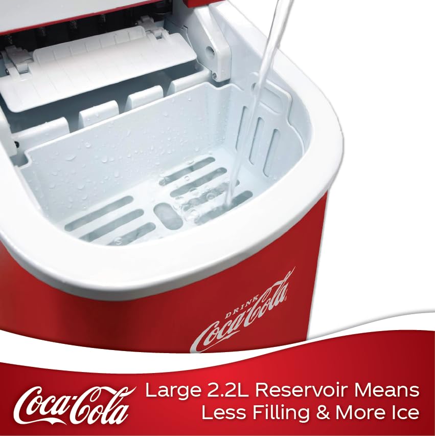 Salco Coca Cola Eiswürfelmaschine – Ice Maker mit 2 Eiswürfelgrößen – 12 kg Eiswürfel pro Tag – Retro-Design Rot – Tragbare Eiswürfelmaschine für Cocktails, Getränke & Partys
