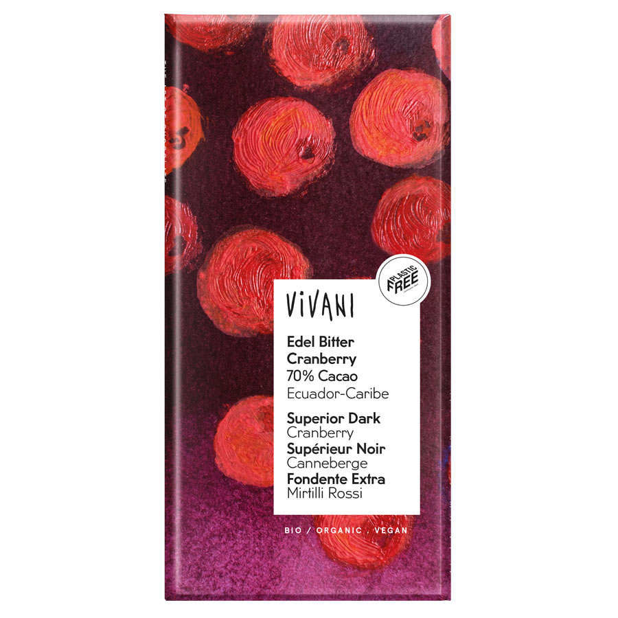 Chocolat noir supérieur bio et vegan à la canneberge 70% cacao - Vivani