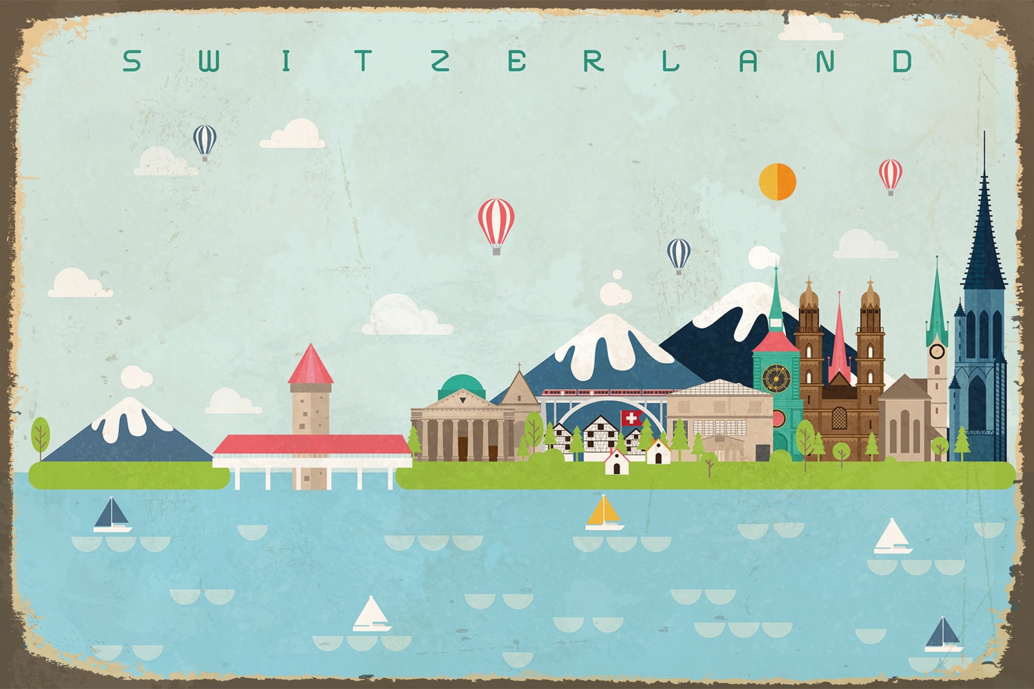 queence Metallbild »SWITZERLAND BALLON« Berge & Alpenbilder | Schriftzug | Schriftzüge | Schweiz | Sprüche | Sprüche & Texte | Vintage Stahlschild, Blechschild, Schweiz