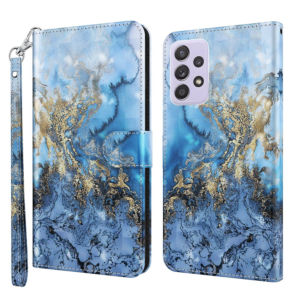 Samsung Galaxy A53 5G Leder Tasche mit Kartenfach   Handschlaufe - Marble Marmor (Blau / Gold)