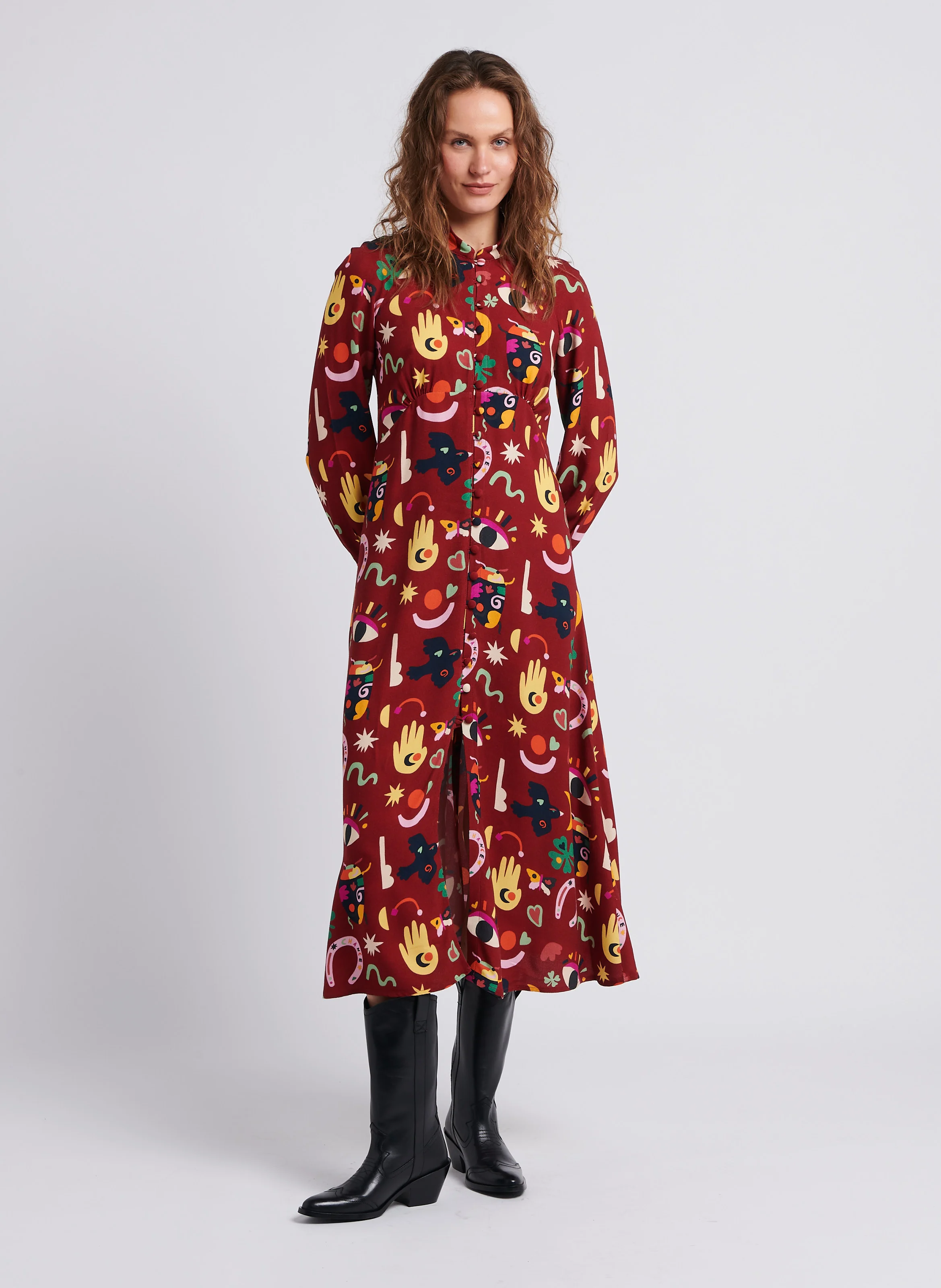 VICTORIA - Robe longue col rond imprimée| Rouge