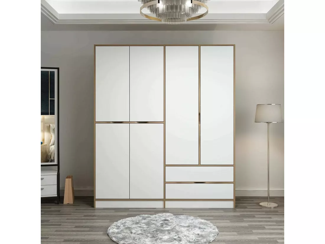 Grande Garde-robe Dmoussaman, Meubles de chambre, Penderie de plain-pied, Placard à vêtements, 185x52 h208 cm, Blanc et Or