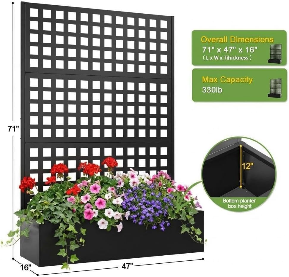 Blumenkasten mit Sichtschutz, 120x40x180cm Pflanzkasten mit Rankgitter, Drainagelöchern & Feststellbaren Rollen, Rankhilfe aus Metall für Innen & Außen, Garten, Terrasse und Balkon - A