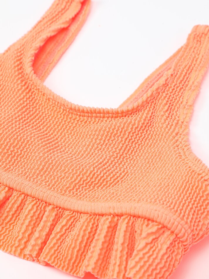 Conjunto de biquíni de duas peças em tecido texturizado com babados e elástico na cintura - Laranja Fluorescente
