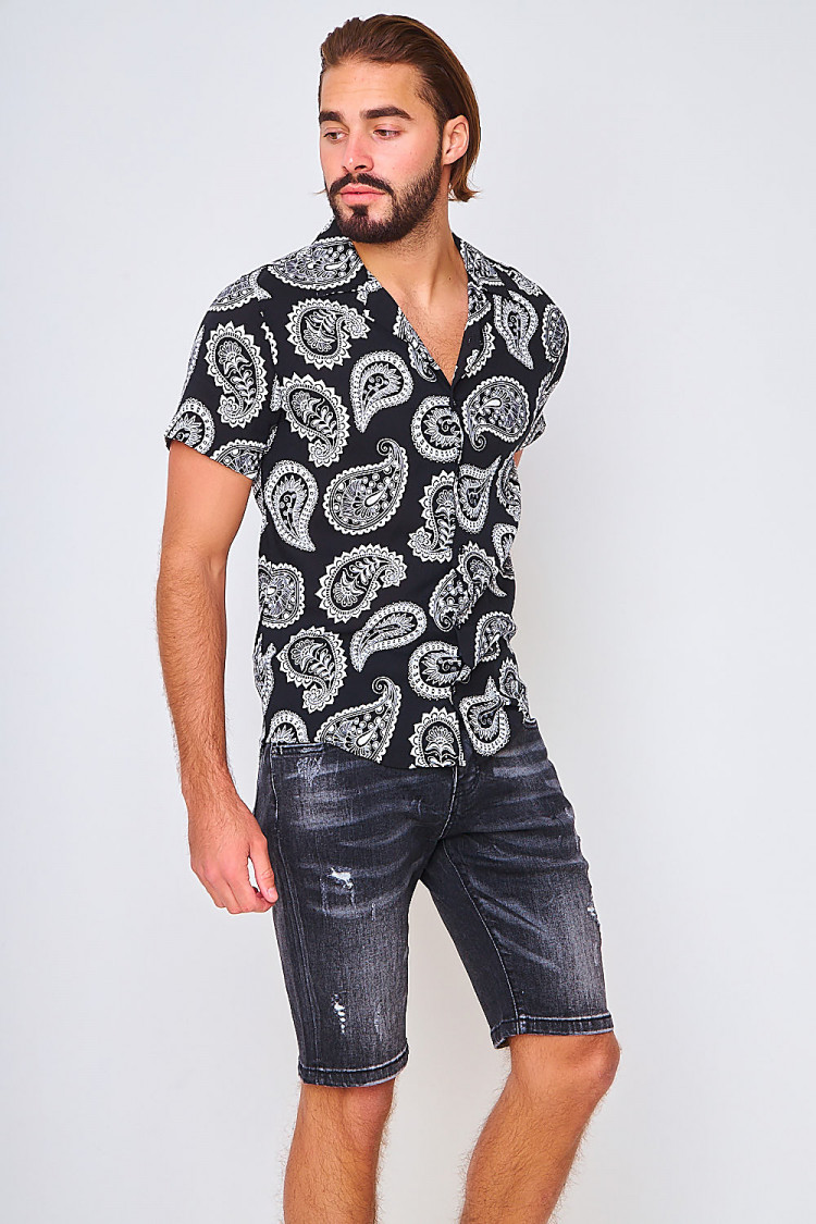 Bermuda noir en jeans délavé