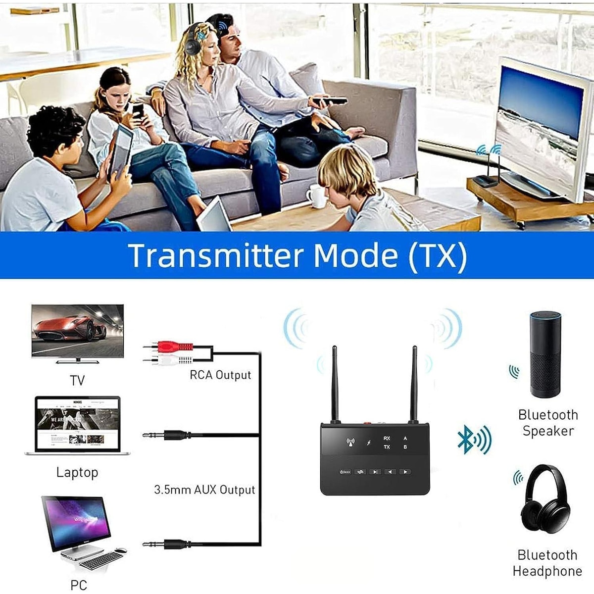 NÖRDIC Bluetooth 5.2 trådløs sender og mottaker DAC Qualcomm aptX Adaptive aptX HD 3,5 mm AUX RCA