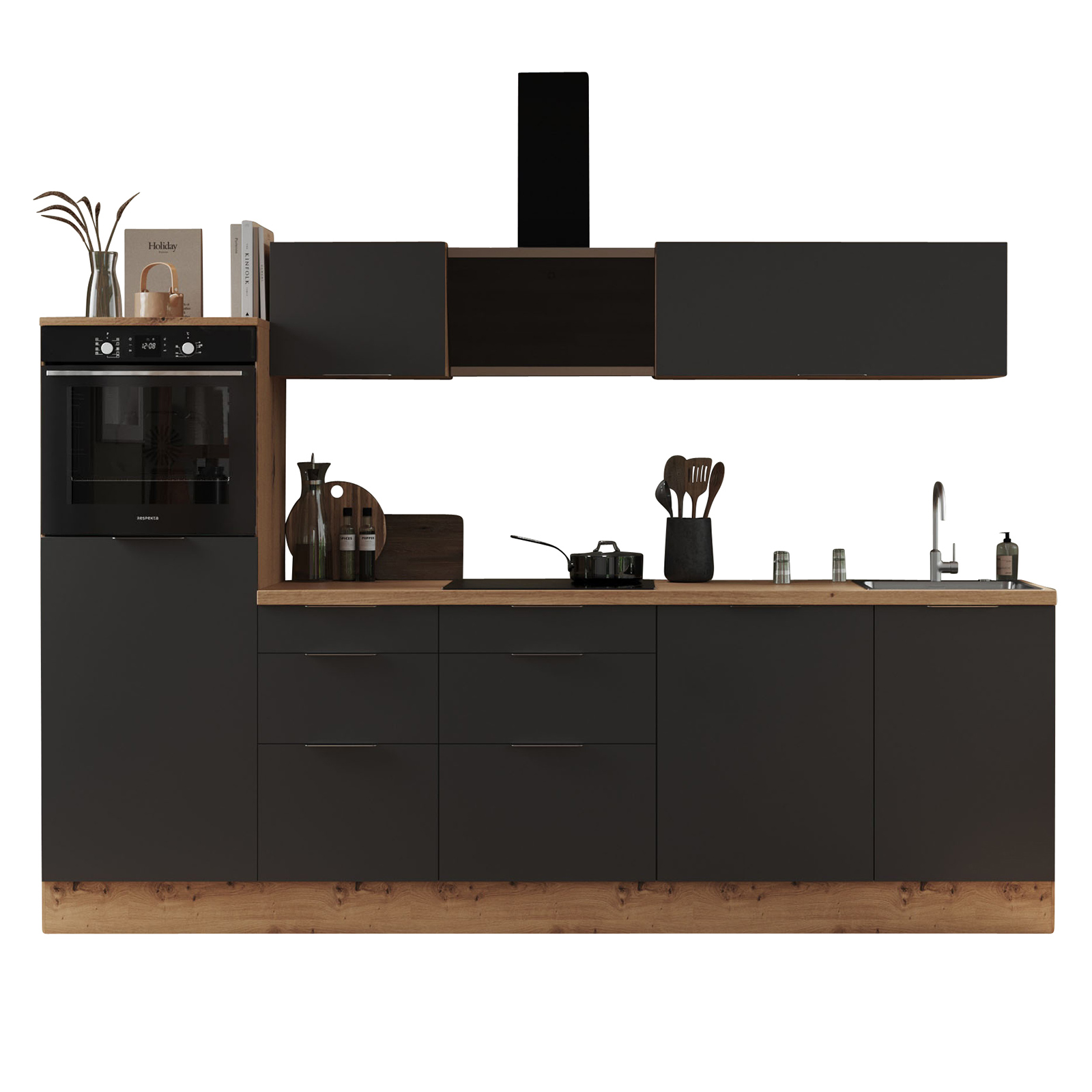 RESPEKTA Küchenblock - grau matt - Artisan Eiche - mit E-Geräten - 280 cm