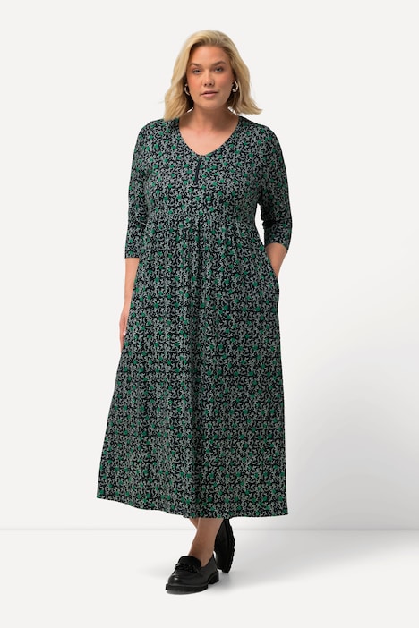Jerseykleid, Blüten, A-Linie, V-Ausschnitt, 3/4-Arm