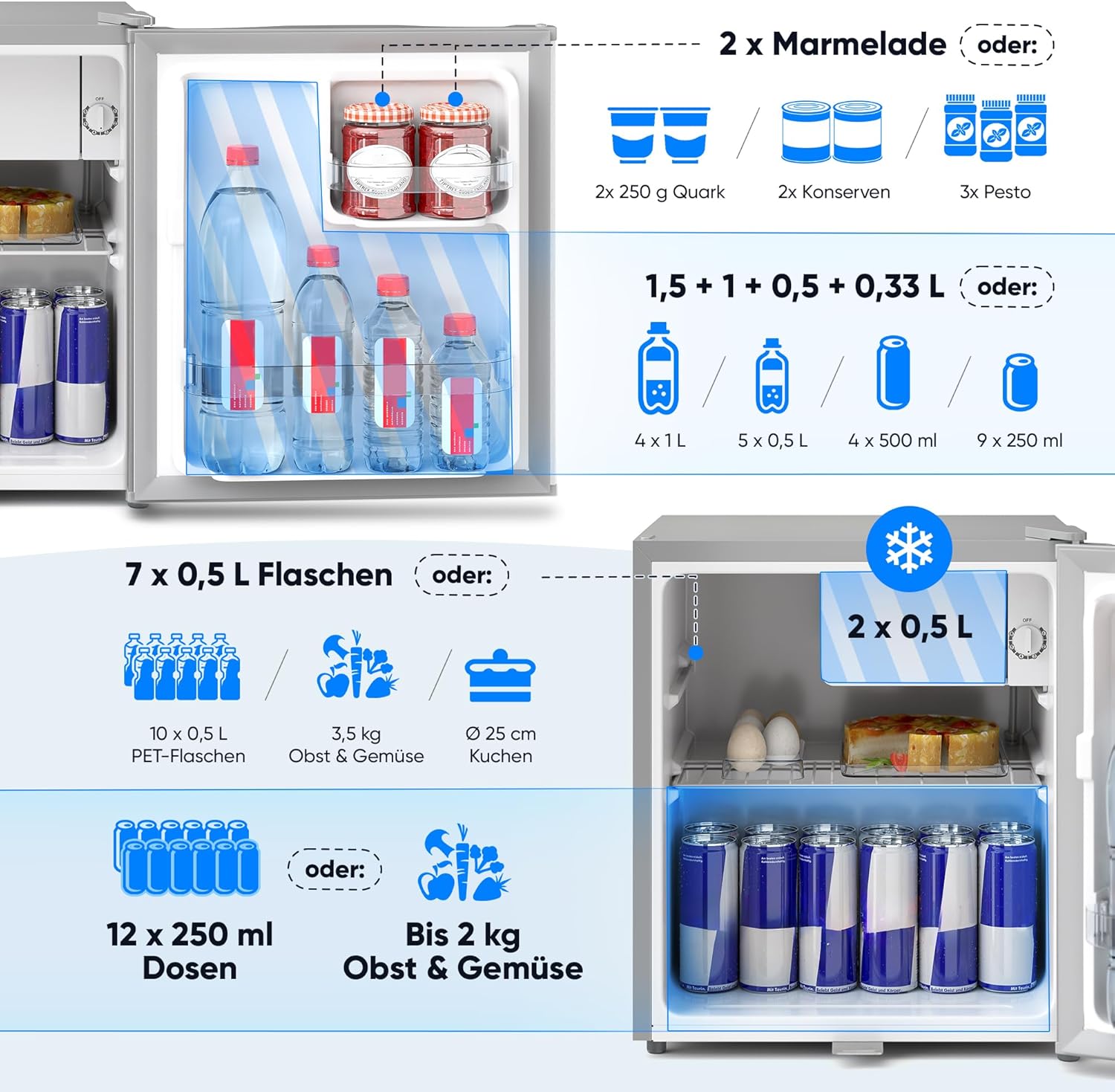Stillstern Mini Kühlschrank E 45L mit Abtauautomatik, Schloss, Frostfach, Leise, Ideal für Küche, Büro, Schlafzimmer, Hotels und kleine Wohnungen Kühlschrank klein Minibar R600A Getränkekühlschrank