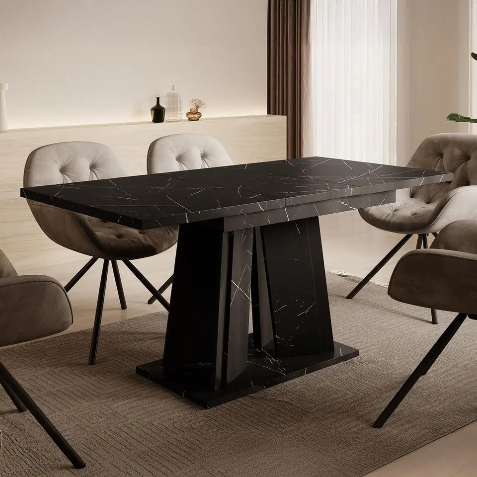 Meubella - Eetkamertafel Delilah - Zwart marmerlook - 160 cm - Uitschuifbaar