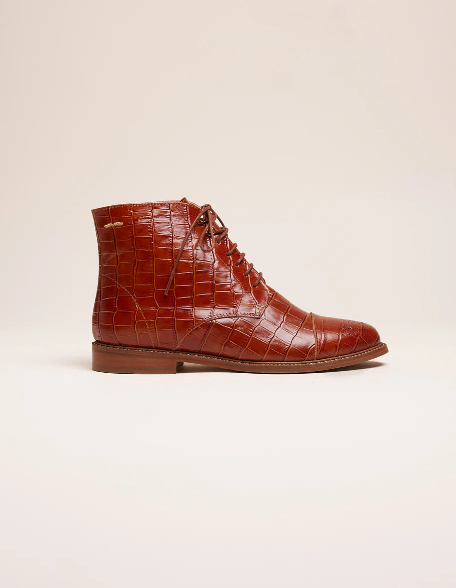 Bottines à lacets Lucienne - Cuir croco cognac