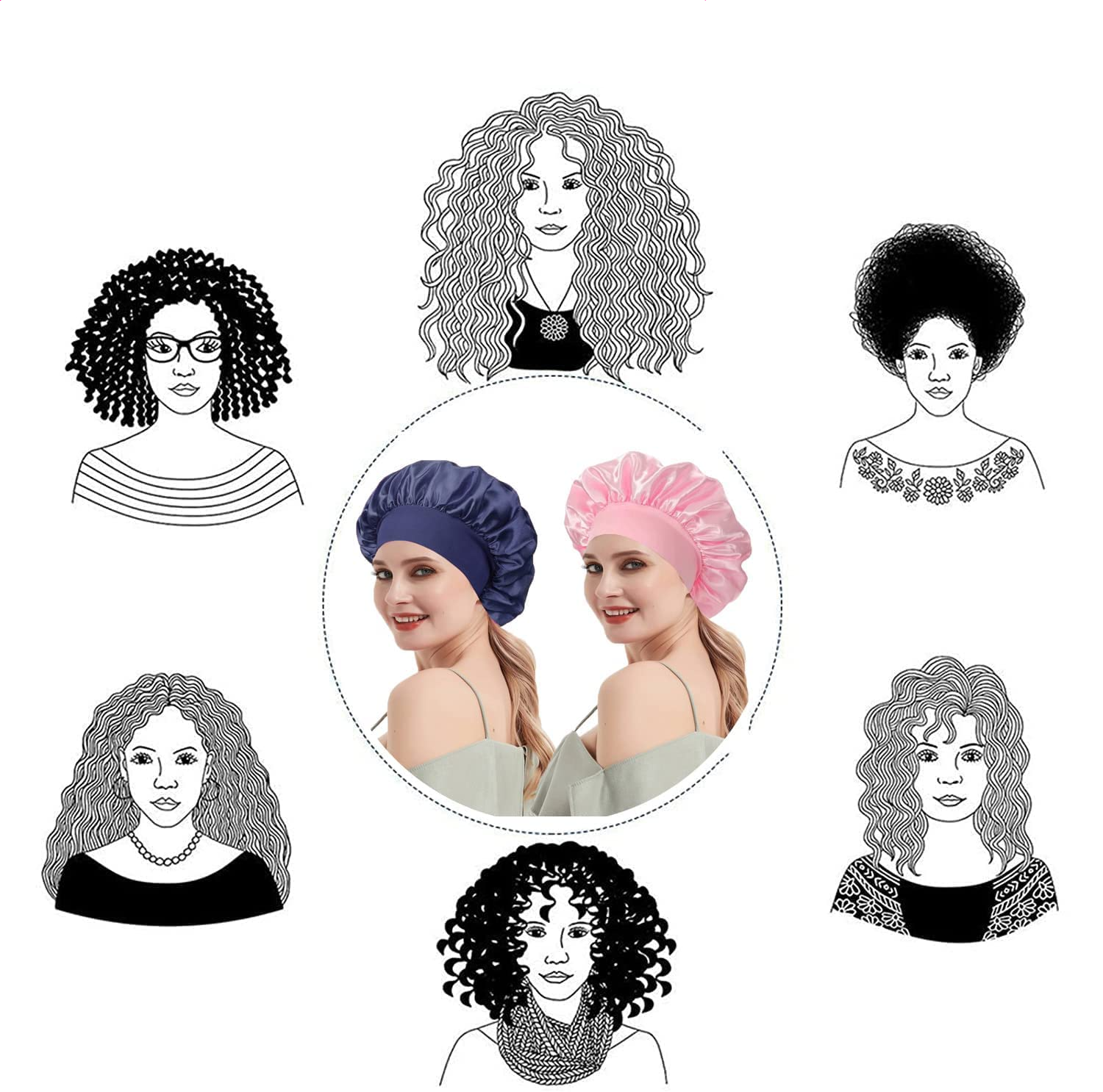 (Ø22cm) Elastische Satin Nachtmütze Haar Schlafmütze Bonnet - Schwarz