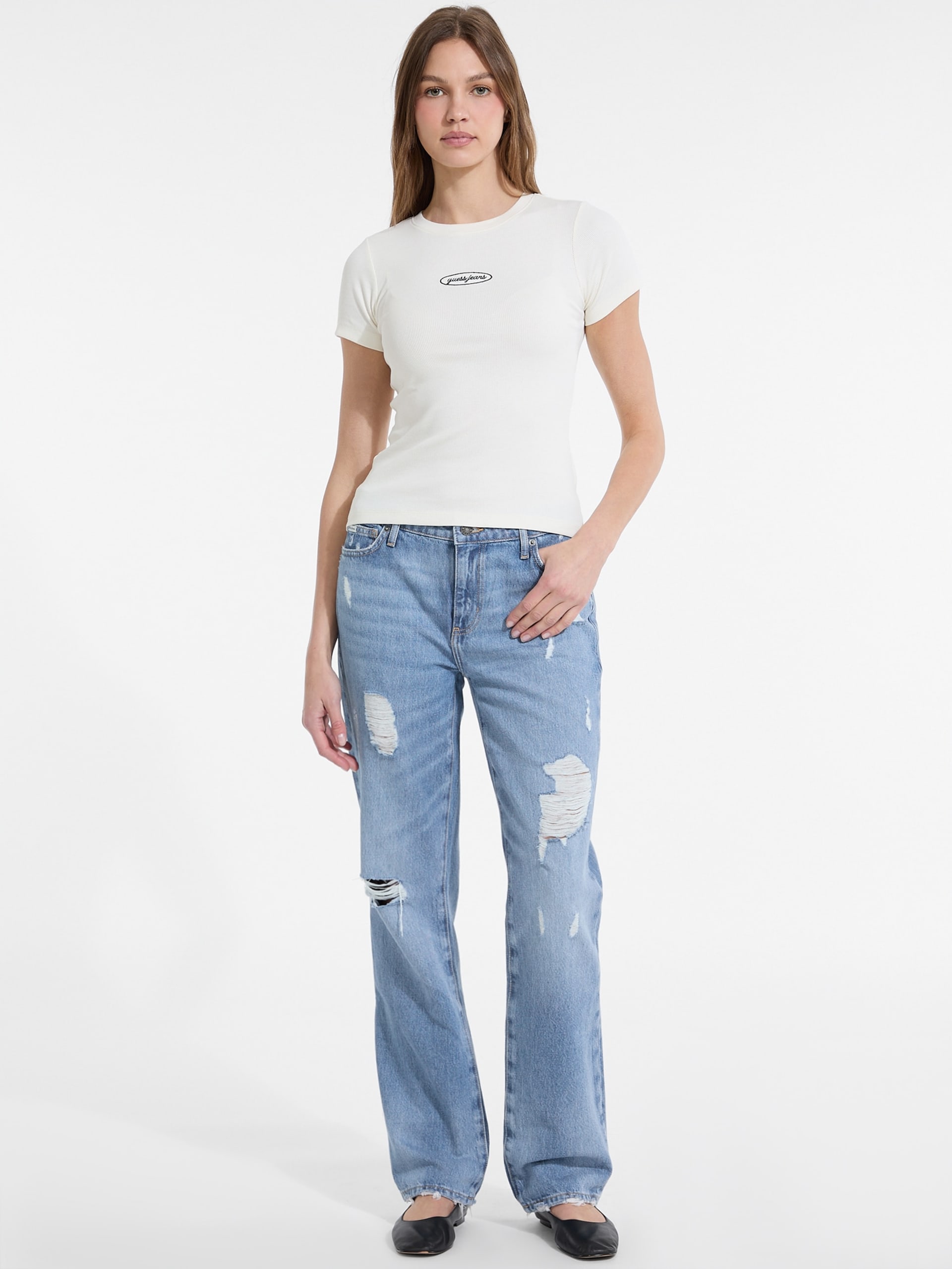 Calça jeans reta desgastada de cintura média G08