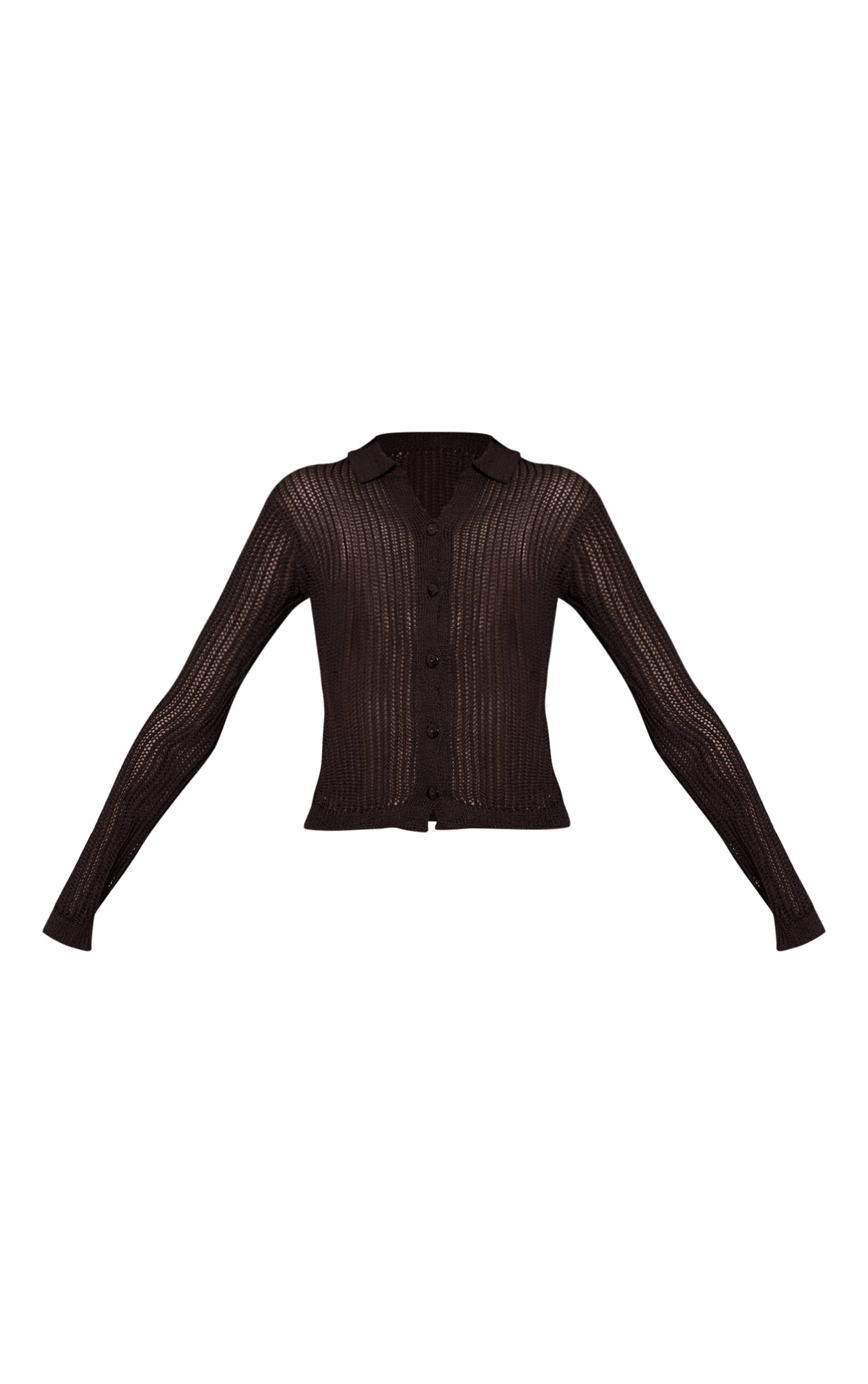 Chocolate Brown Cardigan Boutonné En Maille Ajourée