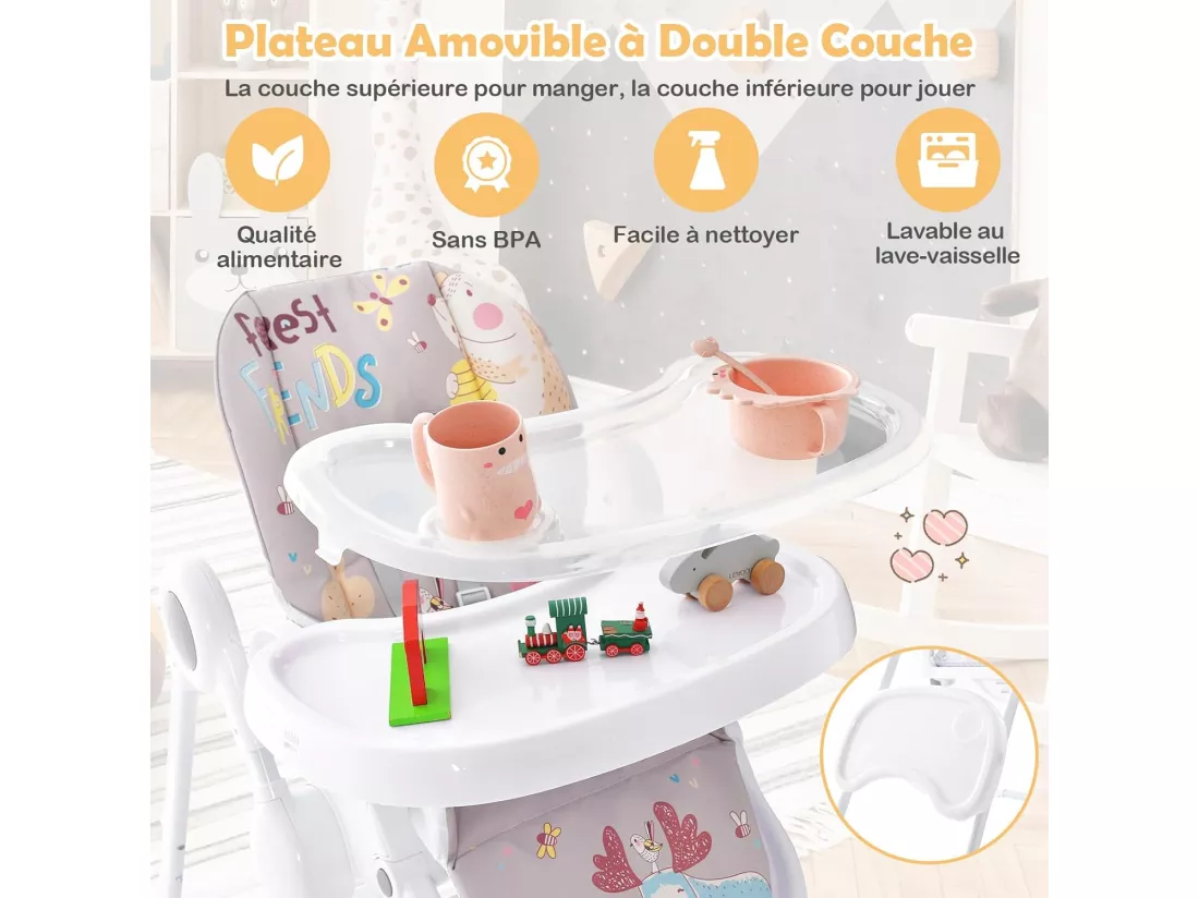 Chaise Haute Bébé Pliable 3 en 1, Chaise Haute Bébé Évolutive avec Double Plateau Amovible et Réglable, 7 Hauteurs et 3 Angles d'Inclinaison, Roue Verrouillable, 6-36 Mois, Max 23KG (Gris)
