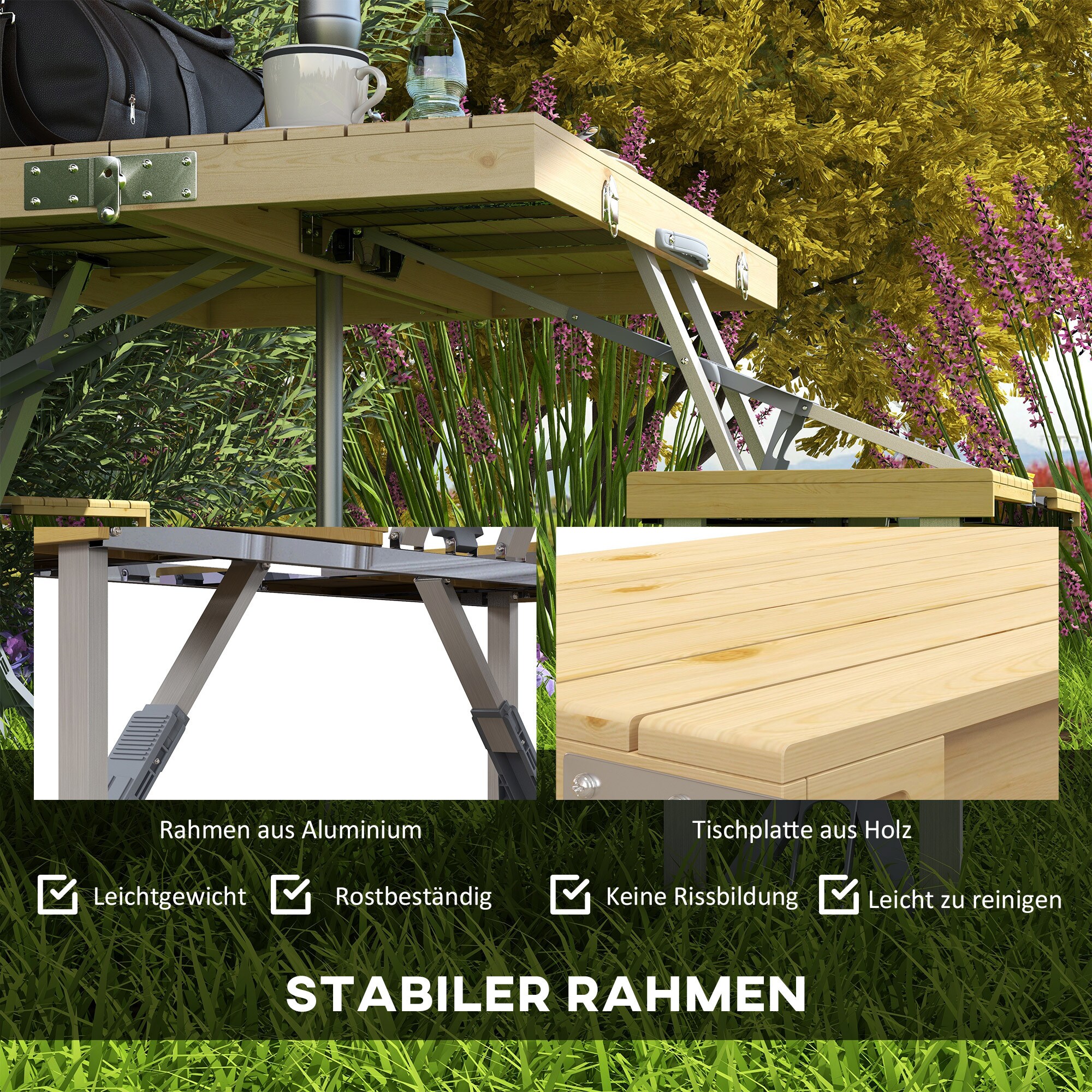 Outsunny Campingtisch mit Bank natur 86L x 72,5B x 67H cm