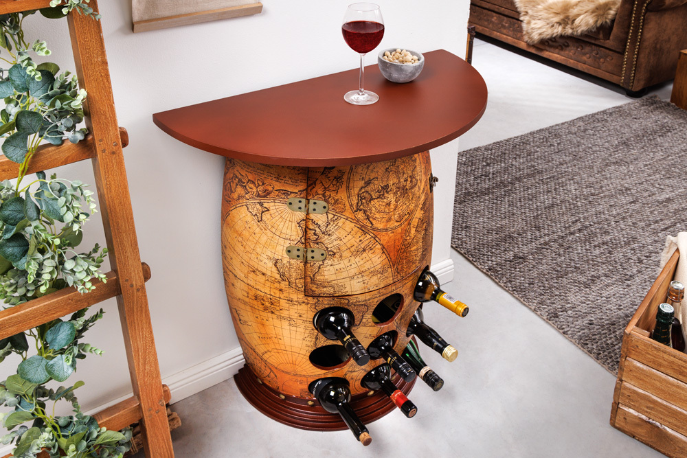 Massives Weinregal SEVEN SEAS 80cm natur Pinienholz Weltkarte Weinfass Barschrank