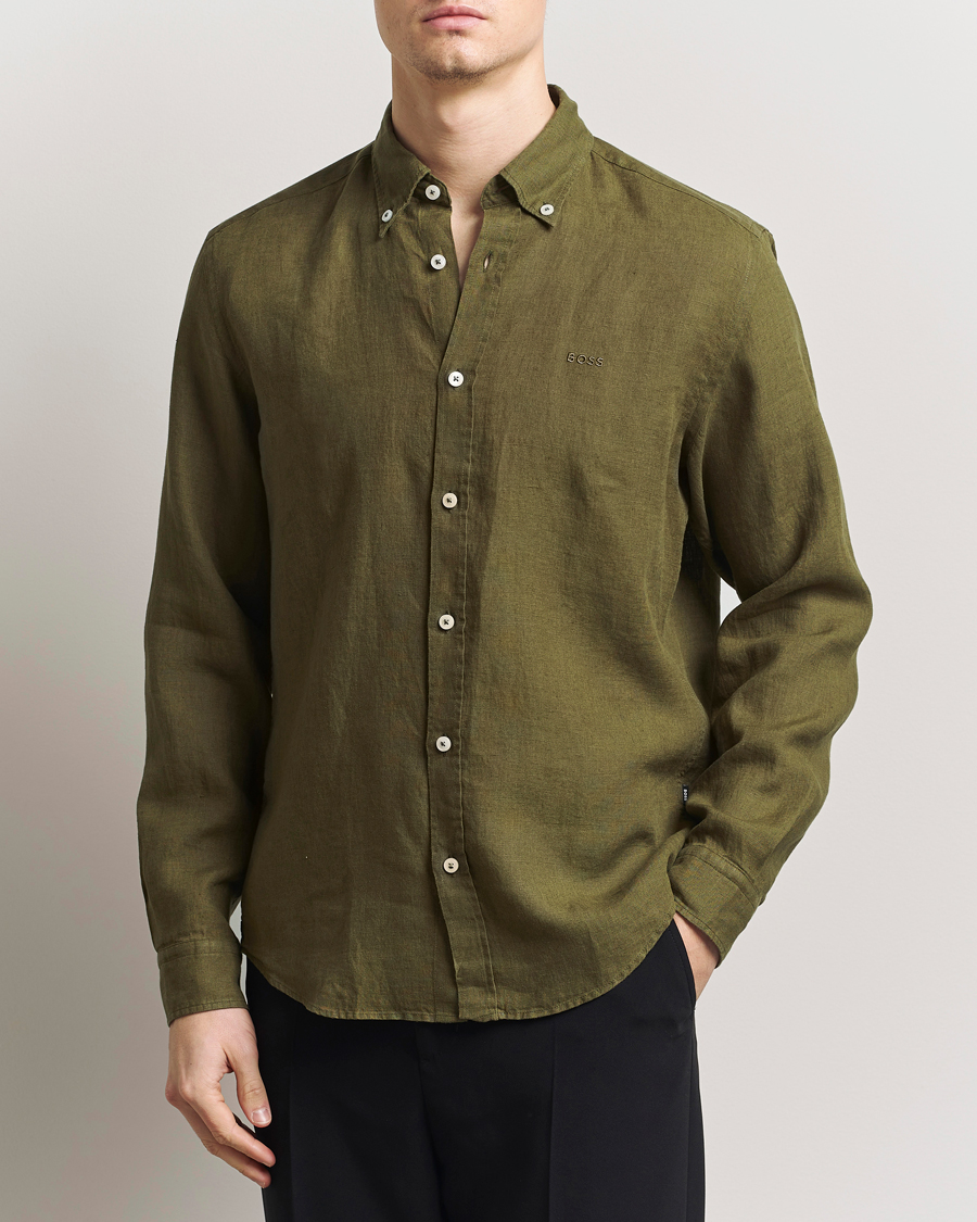 BOSS BLACK Liam Linen Shirt Dark Green