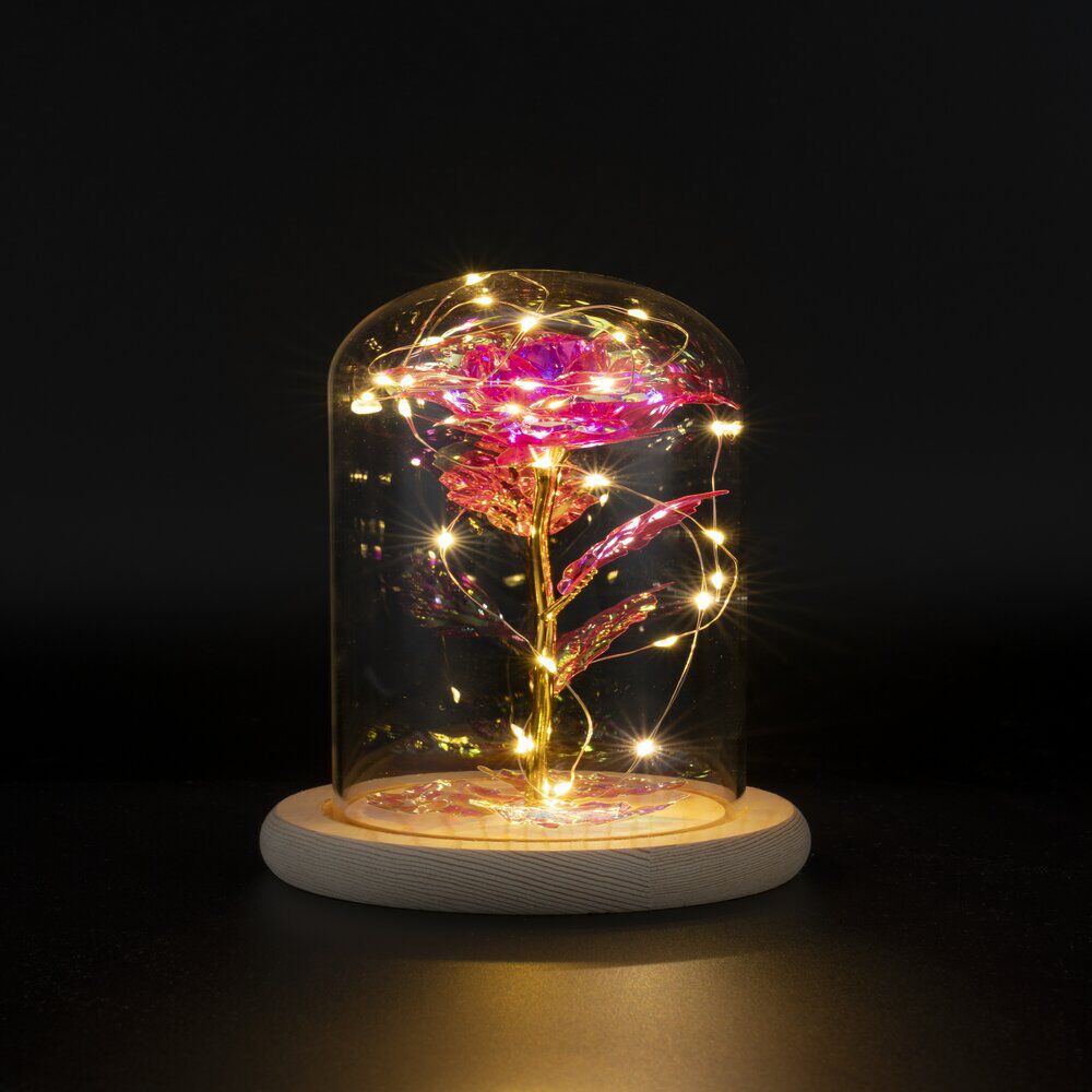 Rose sous cloche en verre avec LED Ø11,8xH19,5cm