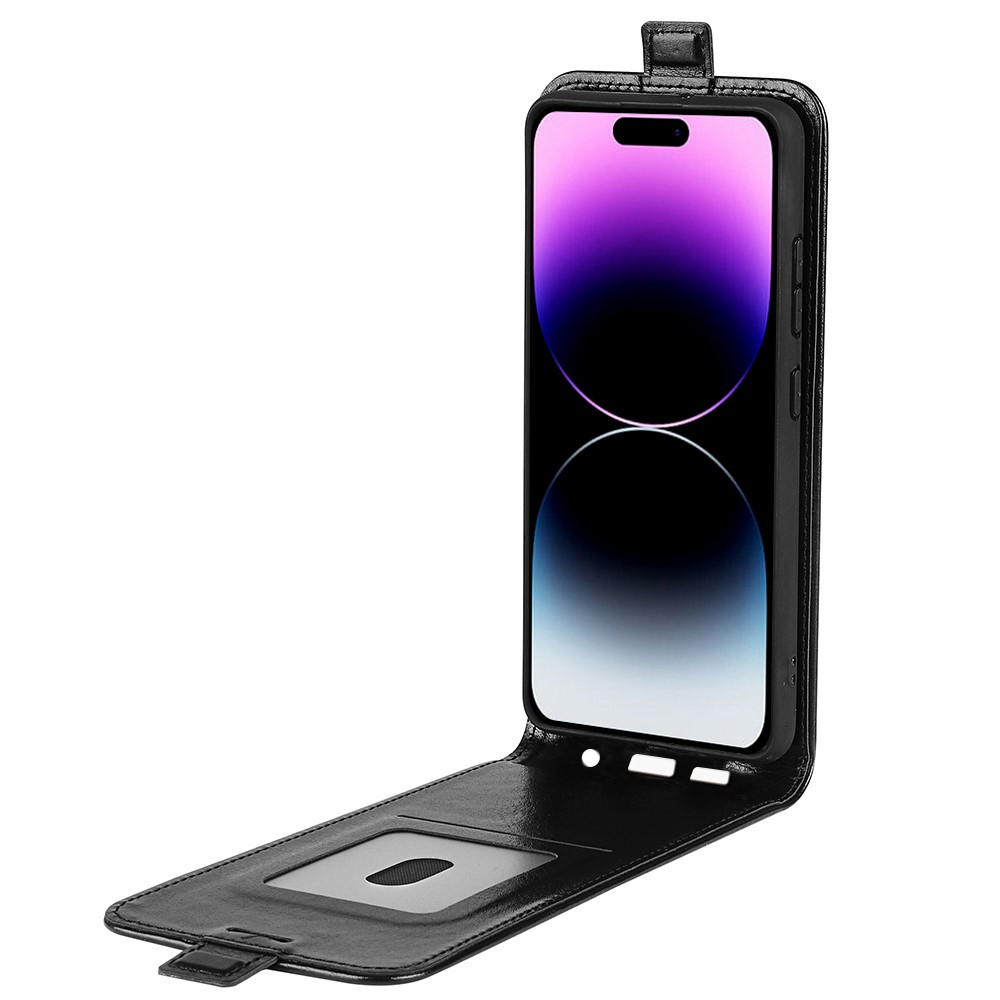iPhone 15 Pro Leder Tasche Flip Cover Vertikal im Retro Look mit Kartenfach - Schwarz