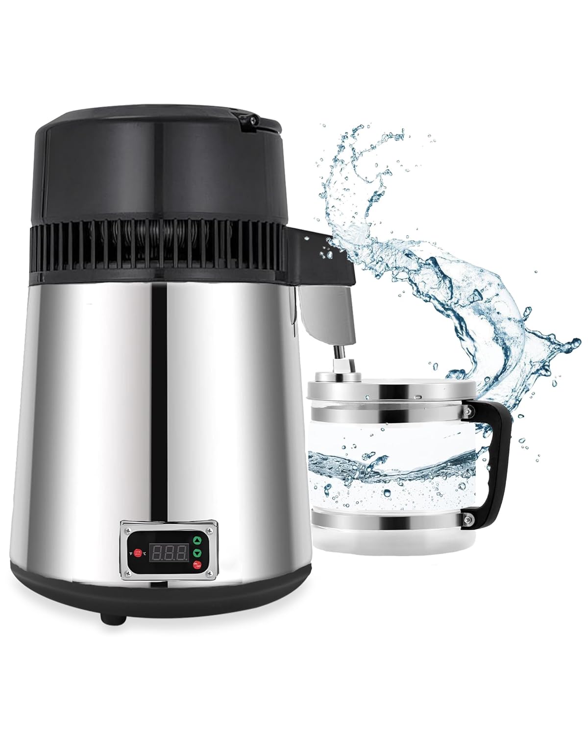 FoundGo Edelstahl Wasserdestilliergerät [750W 1L/H] Automatischer Wasserdestillierer für Reines Trinkwasser inkl. Glaskanne Deutsche Gebrauchsanweisung