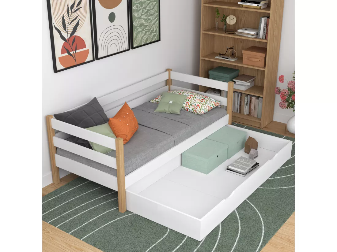 Lit banquette en bois - avec tiroir N01 Blanc / Chêne Naturel 80x200