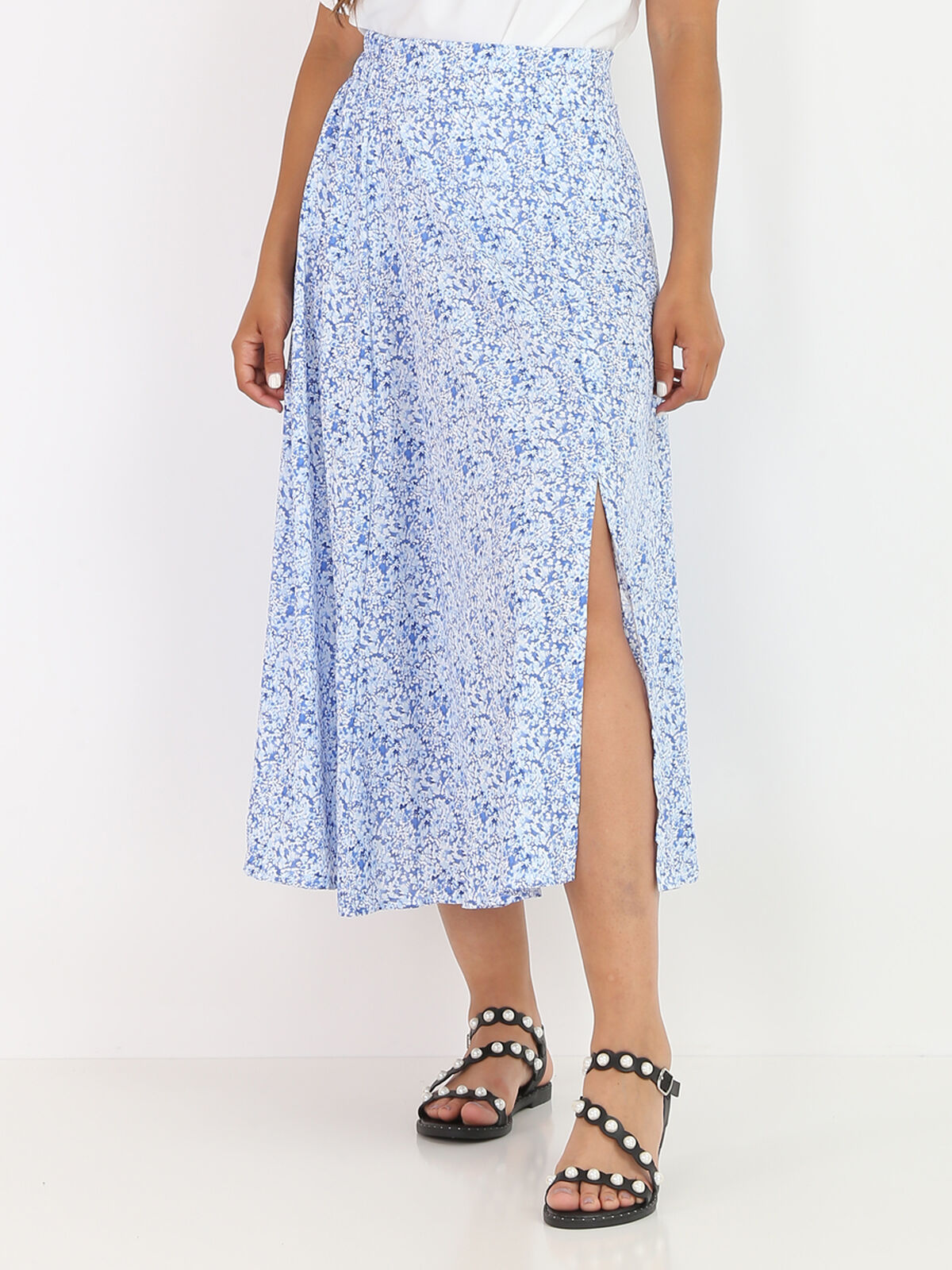 Jupe patineuse à fleurs avec fente- Bleu clair
