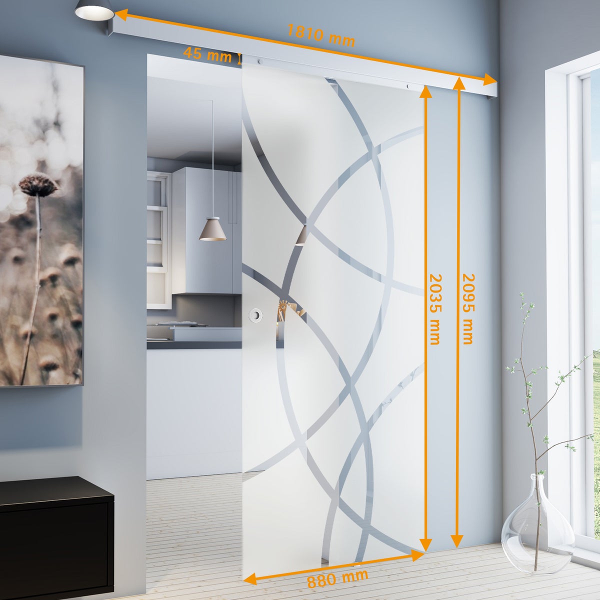 Glazen schuifdeur met cirkels, 880 x 2035 mm, binnendeur, glazen schuifdeursysteem - verzonken handgreep + 2-zijdige softclose