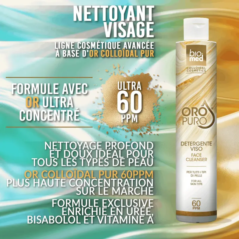 Nettoyant visage actif à l'or colloïdal 60 ppm Biomed Oro Puro - Flacon de 250 ml