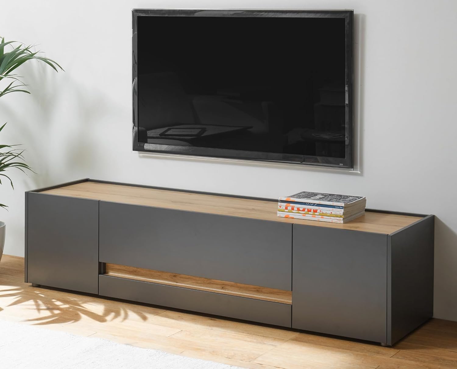 TV Unterteil Lowboard in Eiche Wotan Holz und grau matt Wohnzimmer Fernseher Schrank Mediaschrank TV-Board 170 x 40 cm Center (TV-Lowboard 2)