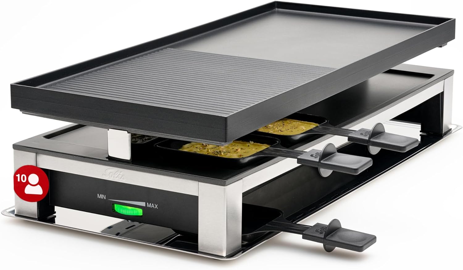 Solis 3-in-1 Combi Grill – Elektro Tischgrill mit Raclette, Grill & Crêpe-Funktion, für bis zu 10 Personen, 53x24 cm Antihaft-Grillplatte, Thermostat, inkl. Pfännchen & Schaber, PFAS-frei