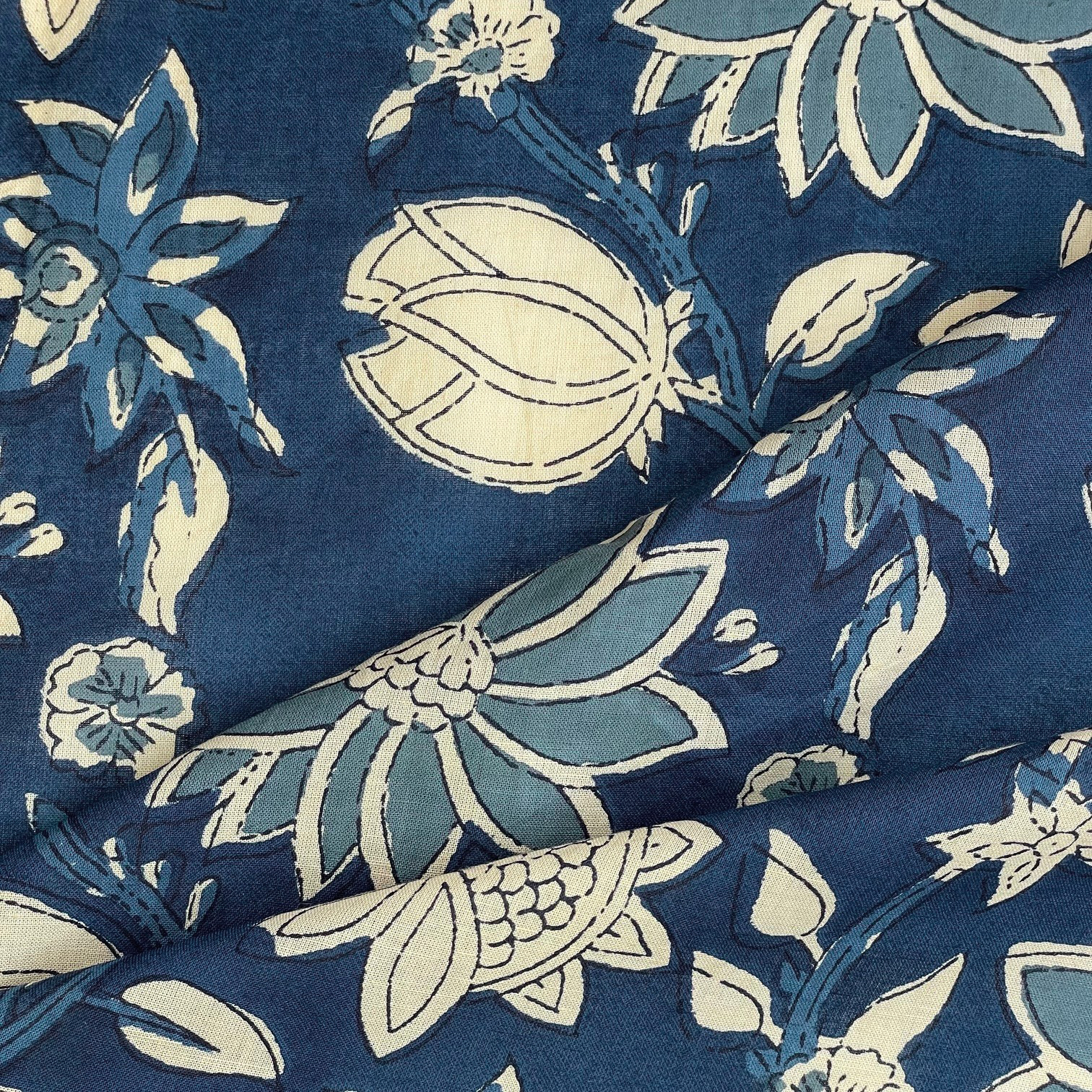 Tissu Coton Au Mètre Ex2513 Indienne Florale Bleue Jean