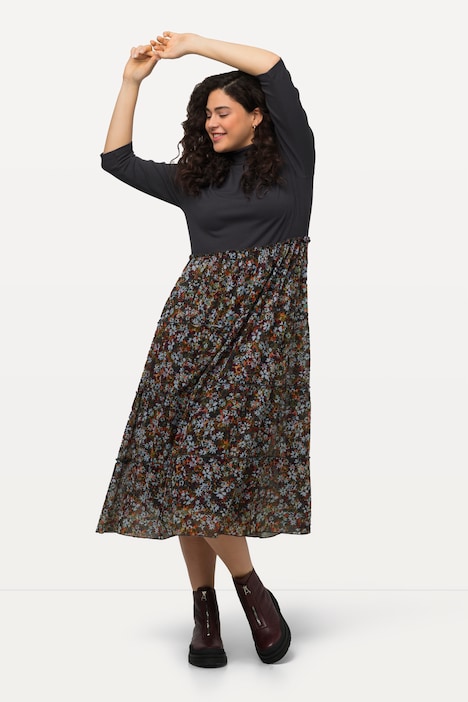 Midikleid, A-Linie, Rippjersey, Mesh, Stehkragen, 3/4-Arm