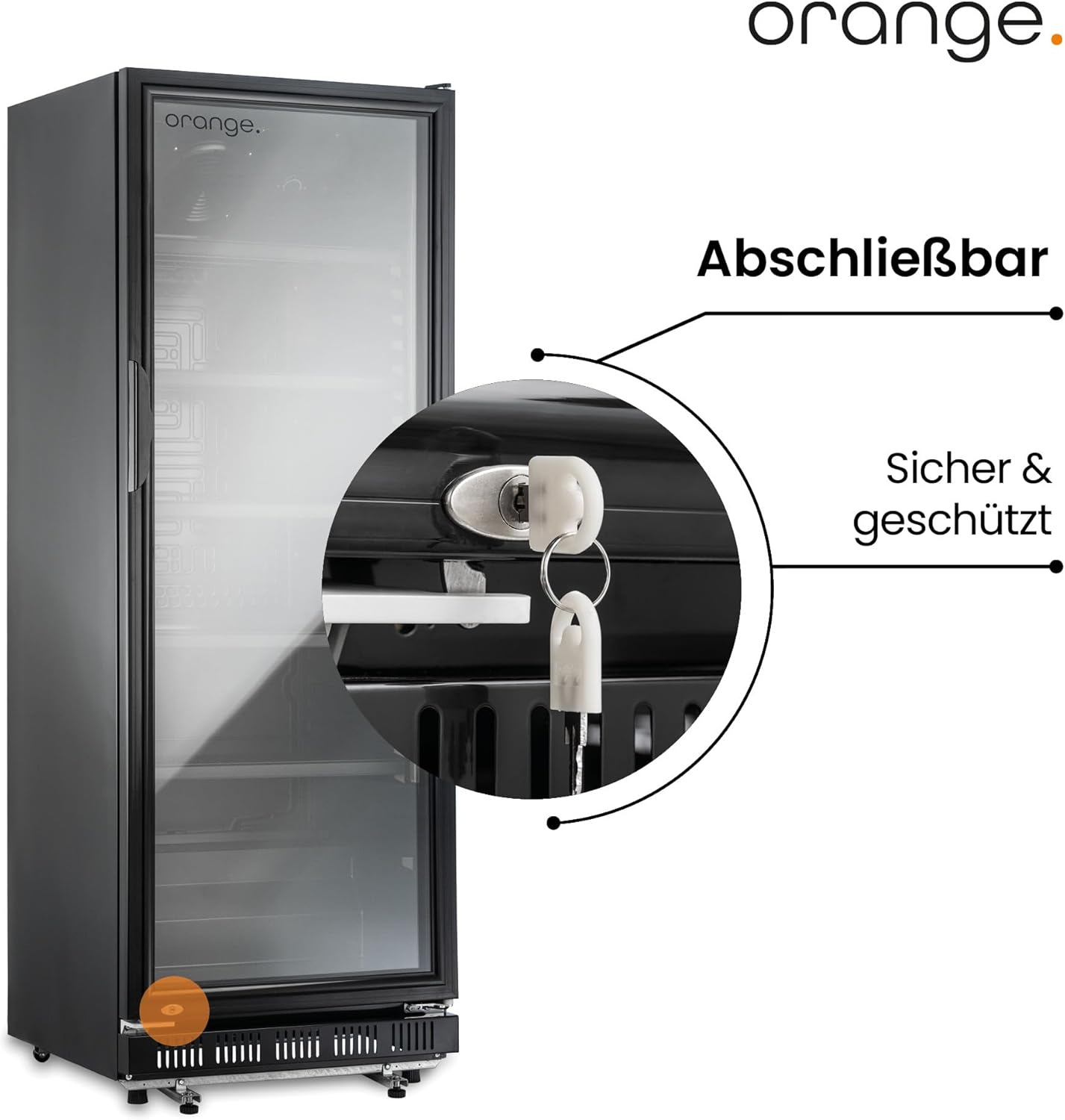 orange . Getränkekühlschrank 230L schwarz mit Glastür, abschließbar, LED-Beleuchtung, 4 Roste, 0-10°C, Gastro Flaschenkühlschrank 530x635x1442mm