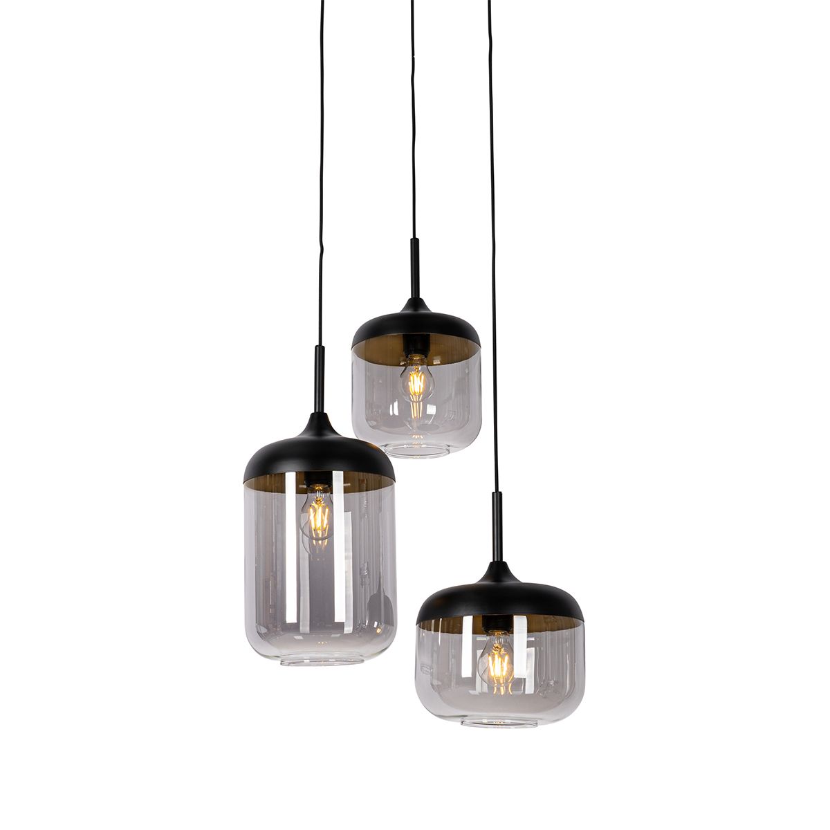 Hanglamp zwart met goud en smoke glas 3-lichts rond - Kyan