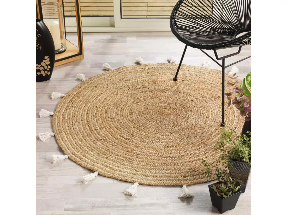 Tapis rond à pompons - D 120 cm - Shira Blanc