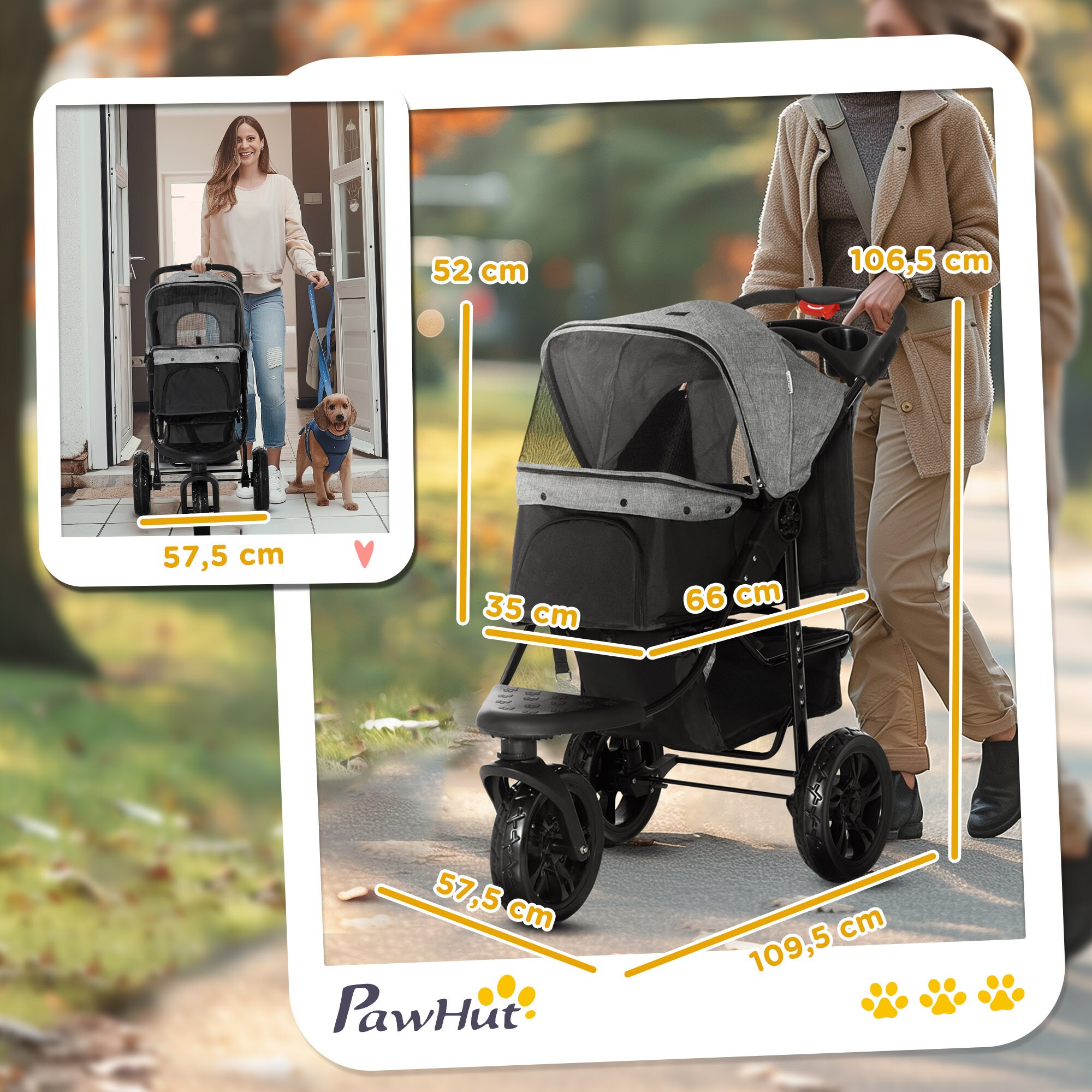 PawHut Hundewagen mit 3 Rädern, verstellbares verdeck, geignet zum joggen Grau/Schwarz 109,5 x 57,5 x 106,5 cm (LxBxH)